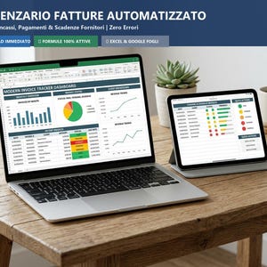 May include: A silver laptop and a tablet displaying a modern invoice tracker dashboard with charts, graphs, and status tables. The screen shows text including SCADENZARIO FATTURE AUTOMATIZZATO, MODERN INVOICE TRACKER DASHBOARD, and various financial data points.