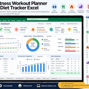 May include: A digital fitness workout planner and diet tracker Excel spreadsheet displayed on a screen. The dashboard features charts, graphs, and tables for tracking body composition, daily calorie intake, macronutrients, and exercise routines.