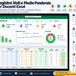 May include: A digital Excel gradebook template displayed on a laptop screen, featuring a dashboard with student performance metrics, class averages, bar charts, and a donut chart. The interface includes a detailed table for tracking grades, assignments, and student outcomes for the 2024/2025 school year.