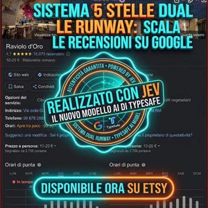 May include: A digital graphic overlay featuring the text SISTEMA 5 STELLE DUAL LE RUNWAY: SCALA LE RECENSIONI SU GOOGLE, REALIZZATO CON JEV IL NUOVO MODELLO AI DI TYPESAFE, and DISPONIBILE ORA SU ETSY, centered over a dark interface with neon blue accents.