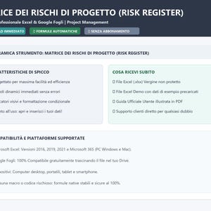 May include: A digital project risk register template for Excel and Google Sheets. The interface displays text in Italian, including sections for key features, included files, and platform compatibility for Microsoft Excel and Google Drive.
