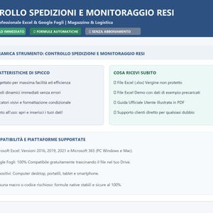 Può includere: Un'interfaccia di prodotto digitale intitolata CONTROLLO SPEDIZIONI E MONITORAGGIO RESI, che presenta sezioni per caratteristiche, file inclusi e compatibilità per Microsoft Excel e Google Sheets su uno sfondo bianco.