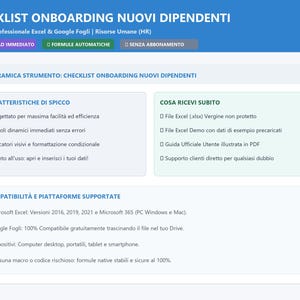 May include: A digital onboarding checklist template for new employees in Italian, featuring sections for key features, included files, and platform compatibility for Microsoft Excel and Google Sheets, presented on a blue and white interface.