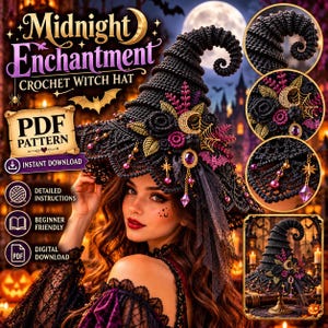 May include: A black crochet witch hat featuring a curled tip, adorned with gold moon and star charms, purple beads, and dark floral accents. The text Midnight Enchantment Crochet Witch Hat PDF Pattern is displayed alongside icons for instant download.