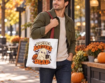 Social Battery Dead Tote Bag, Funny Ghost Halloween Bag, Introvert Gift, Spooky Season Shopping Tote, Cute Ghost Bag, Halloween Gift