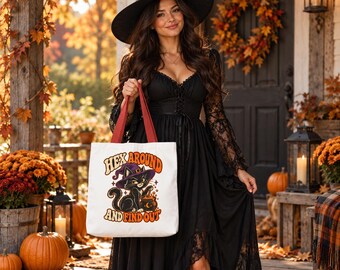 Hex Around and Find Out Tote Bag, Black Cat Witch Halloween Gift