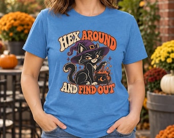 Hex Around and Find Out Black Cat Witch Tee, Spooky Halloween Shirt