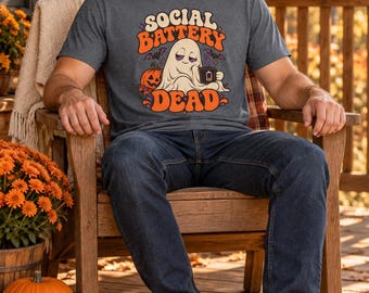 Social Battery Dead Ghost Shirt, Funny Halloween T-Shirt, Introvert Ghost Tee, Cute Ghost Graphic Tee