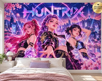 Huntrix Cherry Blossom Wall Mural, Pink and Purple Cityscape Peel and Stick Wallpaper