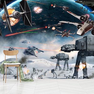 May include: A wall mural depicting a space battle with TIE fighters, X-wing starfighters, and AT-AT walkers on a snowy planet surface. The scene includes laser fire, explosions, and a large blue planet in the background. A wooden chair sits in front.