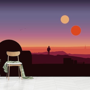May include: A wooden chair with a light green fabric draped over the seat, positioned in front of a wall mural depicting a desert landscape at sunset with two suns, a silhouette of a person, and a domed structure under a purple and orange sky.
