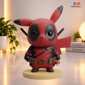 Könnte beinhalten: Eine stilisierte Figur, die einen rot-schwarzen Charakter mit dem Design eines Wesens mit spitzen Ohren kombiniert. Sie verfügt über einen Gürtel mit runder Schnalle, zwei Schwerter auf dem Rücken und ein kleines kugelförmiges Accessoire.