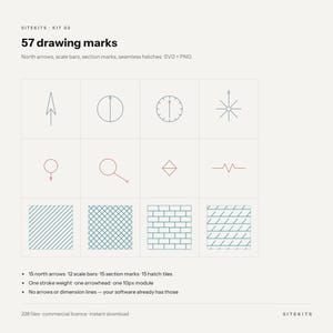 Può includere: Una collezione digitale intitolata 57 drawing marks, che include frecce nord, barre di scala, segni di sezione e tratteggi senza giunture in formato SVG e PNG. Il grafico mostra una griglia di simboli architettonici e vari motivi a linee.