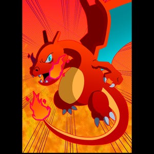 Pode incluir: Uma vibrante ilustração digital de uma criatura bípede laranja semelhante a um dragão com barriga cor de creme, garras afiadas e uma chama a arder na ponta da cauda. O fundo apresenta um estilo de banda desenhada dinâmico com pontos.