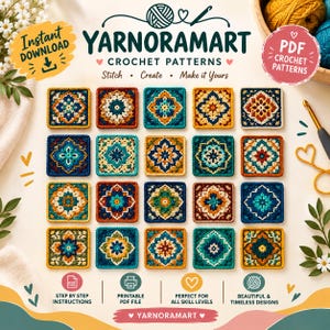 May include: A collection of twenty square crochet motifs arranged in a grid, featuring intricate floral patterns in shades of blue, orange, yellow, and green. The text YARNORAMART CROCHET PATTERNS is displayed at the top, with icons for PDF and printing.