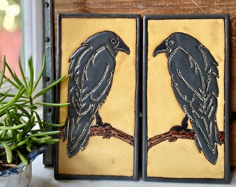 Raven. Crow. Corvid. Mated Pair.  Handmade Tile. Gold background