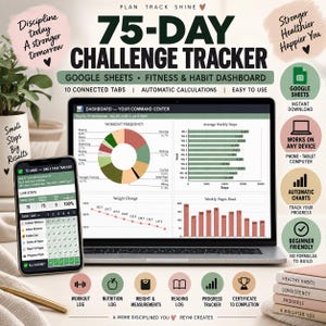 Planificador de seguimiento del reto de 75 días, hoja de cálculo para el control de hábitos de fitness (descarga digital)
