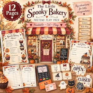 Könnte beinhalten: Ein 12-seitiges, ausdruckbares Rollenspiel-Set mit dem Titel The Little Spooky Bakery. Enthält eine Speisekarte, Bestellblöcke, Rechnungen, ein Spielzeug-Kartenlesegerät, Rollenspiel-Ausweise und Schilder. Mit Kürbis- und Geistermotiven.