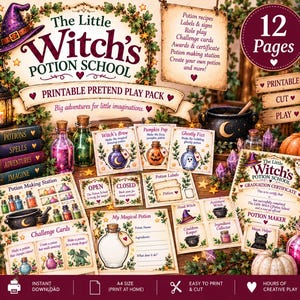 May include: A 12-page printable pretend play pack titled The Little Witch's Potion School, featuring potion recipes, labels, challenge cards, and a graduation certificate. The set includes illustrated cards with potion graphics, a potion making station sheet, and a My Magical Potion form, all designed for A4 size paper.