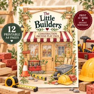 以下が含まれることがあります： 「The Little Builders」と題された印刷可能な建設ごっこ遊びパック。赤と白のストライプのオーニング、赤い工具箱、三角コーン、水平器、手押し車、黄色いヘルメットが描かれた店舗のイラストが特徴です。