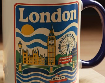 May include: A white ceramic mug with a dark blue interior and handle, featuring a colorful graphic illustration of the London skyline including Big Ben, the London Eye, a red double-decker bus, and a boat on the river under a yellow sun.