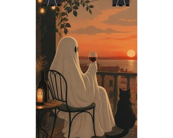 May include: A wall art print depicting a white ghost draped in a sheet sitting on a black metal chair on a balcony at sunset. The ghost holds a glass of red wine, while a black cat sits nearby. A lantern and wine bottle sit on a small table.