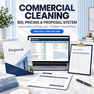 May include: A commercial cleaning bid, pricing, and proposal system featuring an automated Excel calculator and editable proposal pack. The display shows a laptop with a pricing summary, a proposal document, a scope of work clipboard, and a pen.