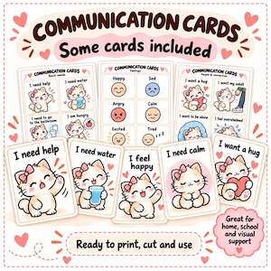 Pode incluir: Um conjunto de cartões de comunicação com ilustrações de um gato de desenho animado com um laço rosa. Os cartões exibem textos como I need help, I need water, I feel happy, I need calm e I want a hug. Estão dispostos em grade e individualmente.