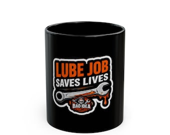 Mug avec illustration de clé à molette « La lubrification sauve des vies » | Mug noir sur le thème de l'huile de mécanicien