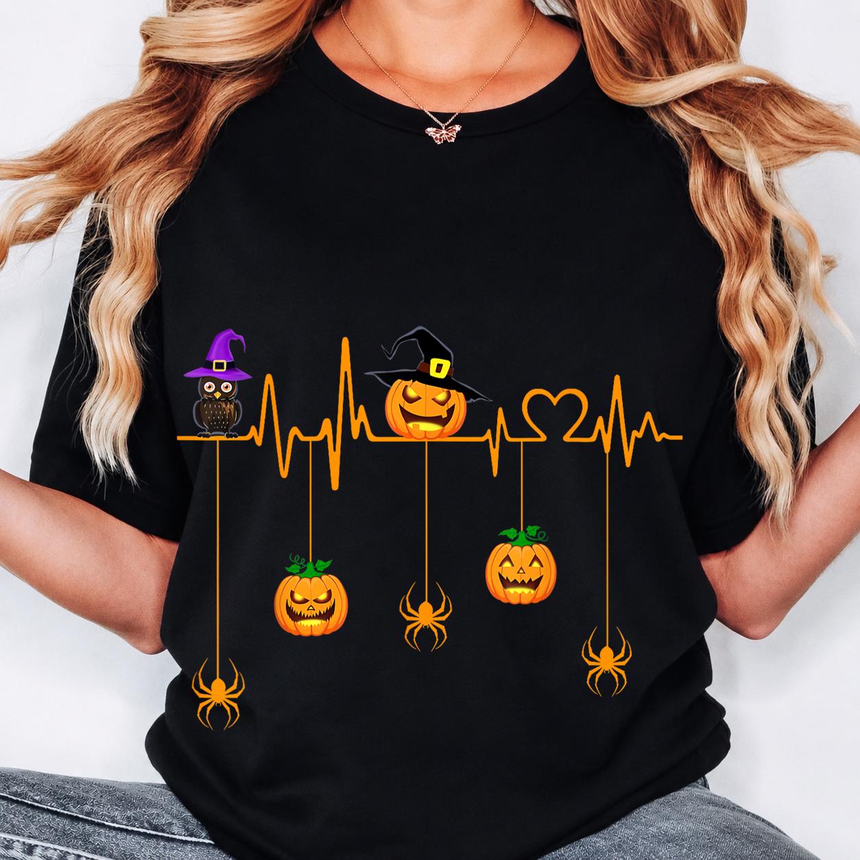 Halloween Heartbeat EKG PNG, Pumpkin Witch Owl Sublimation Design, Spooky Spiders Hanging Graphic, N