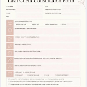 May include: A Blush and Blink Beauty Studio Lash Client Consultation Form printed on cream paper. The document includes fields for client details, brow service requests, medical history, and consent checkboxes, decorated with subtle line art leaves.