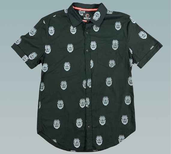 Vintage Black Skull Patterned Button Down Oxford … - image 1