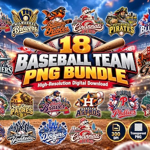 Pode incluir: Uma coleção digital de 18 logotipos de times de beisebol com vários nomes de times e mascotes, incluindo Atlanta Braves, Milwaukee Brewers e New York Yankees. O texto 18 BASEBALL TEAM PNG BUNDLE é exibido em letras grandes e em negrito.