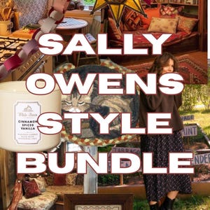 May include: A collage featuring a White Barn Cinnamon Spiced Vanilla candle, a star-shaped pendant light, a cat-themed circular rug, a brown sweater, a floral skirt, black boots, and a framed cross-stitch with the text A JOYFUL HEART MAKES A CHEERFUL FACE.