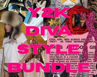 May include: A collage featuring a Y2K DIVA STYLE BUNDLE text overlay, including a person in a fur hat, a gold star top, a red handbag with sunglasses, a black bag with a dog graphic, a disco ball, leopard print leggings, and various fashion items.