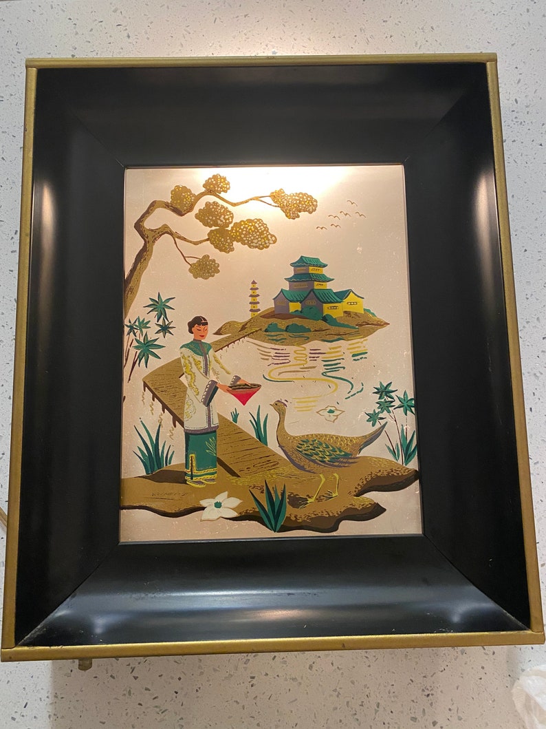 Mid Century Chinoiserie Lighted Wall Art Formed Products Co. Elmhurst New York, Pagoda, Phoenix, Lighted Shadow Box at Ageless Alchemy image 1