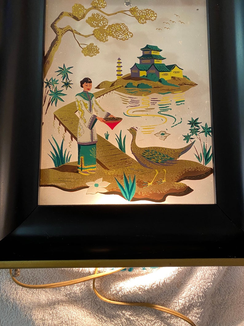 Mid Century Chinoiserie Lighted Wall Art Formed Products Co. Elmhurst New York, Pagoda, Phoenix, Lighted Shadow Box at Ageless Alchemy image 4