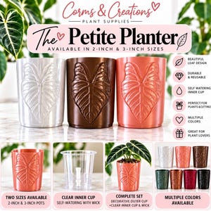 May include: Three cylindrical planters in silver, brown, and coral, each featuring a raised leaf design. Text includes Corms & Creations, The Petite Planter, and details on 2-inch and 3-inch sizes, clear inner cups, and self-watering wicks.