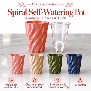 May include: A collection of Spiral Self-Watering Pots by Corms & Creations, available in 2 inch and 3 inch sizes. The set includes a clear inner pot with a white wick, and outer pots in metallic pink, gold, olive green, and navy blue.