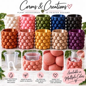 May include: A collection of ten cylindrical plant pots with a textured, bubble-like exterior surface, available in various colors including white, pink, green, blue, black, orange, and purple. Each pot includes a removable clear plastic inner liner.