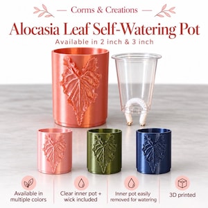 May include: Corms & Creations Alocasia Leaf Self-Watering Pot available in 2 inch and 3 inch sizes. The set includes a metallic coral outer pot with a leaf relief, a clear inner pot with a white wick, and smaller pots in pink, olive, and navy.