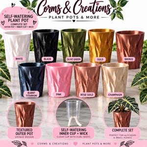 May include: A collection of self-watering plant pots by Corms & Creations in white, black, olive green, gold, bronze, burnt titanium, pink, rose gold, and champagne. Each pot features a faceted, textured surface and includes a clear inner cup with a dual wick system.