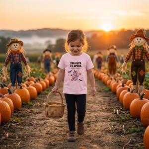 May include: A light pink short-sleeve t-shirt featuring a graphic of a cartoon cat wearing a witch hat and holding a lollipop, with the text "TOO CUTE TO SPOOK" and "SPOOKY SEASON" printed in black and purple above and below the illustration.