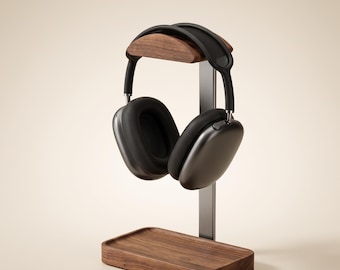 Wooden Headphone Stand, Black Walnut Headset Holder with Storage Tray, Aluminum Desktop Display Stand, Gaming Setup Organizer