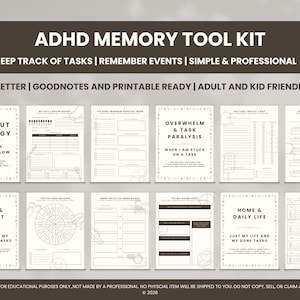 May include: An ADHD Memory Tool Kit featuring ten printable pages with black text on a white background. The pages include titles like Burnout & Energy, Task Traffic Light, Mood & Mindset, and Home & Daily Life, organized with checklists, charts, and boxes.