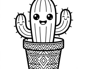 Puede incluir: Una ilustración de arte lineal en blanco y negro de un cactus sonriente con dos brazos, cada uno con una pequeña cara feliz. El cactus está plantado en una maceta decorada con un patrón geométrico repetitivo de diamantes y líneas en zigzag.