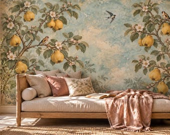 Quince Tree Wall Mural, Chinoiserie Branches with Blossoms and Birds on Pale Blue Sky, Peel and Stick or Traditional
