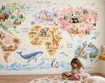 Papel pintado con mapa del mundo de animales adorables para la habitación de los niños / Mural educativo para guardería / Animales de la selva y safari para niños y niñas / Fácil de pegar y despegar