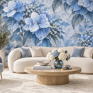 May include: A wall mural featuring large blue hydrangea flowers and green leaves against a light background. The design displays detailed floral clusters with water droplets on the petals, creating a botanical pattern that covers the entire wall surface.