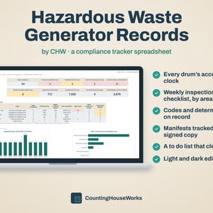 Hazardous Waste Compliance Tracker Spreadsheet: Inspection Checklist and Drum Log, Excel & Google Sheets